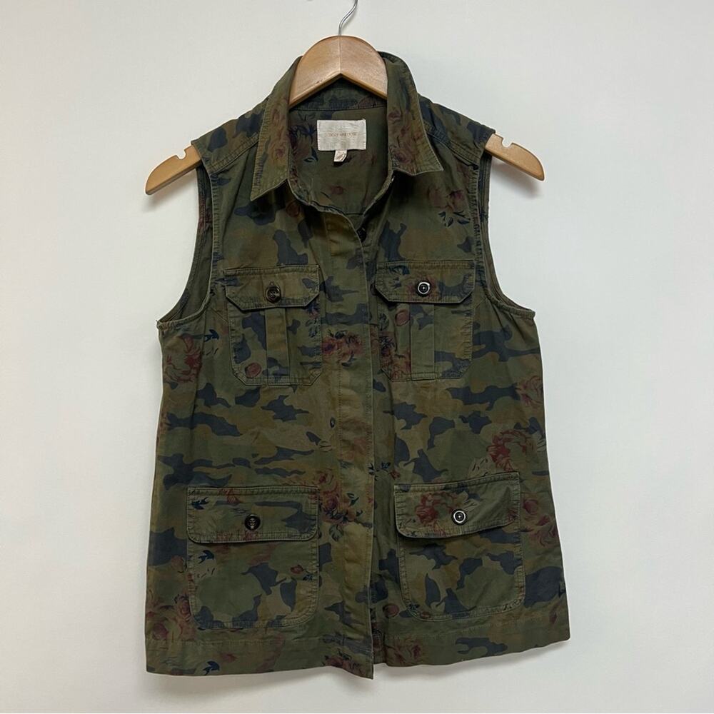 Skies Are Blue Camo Print Cargo Utility Vest Olive Green Brown 100% Cotton Small
